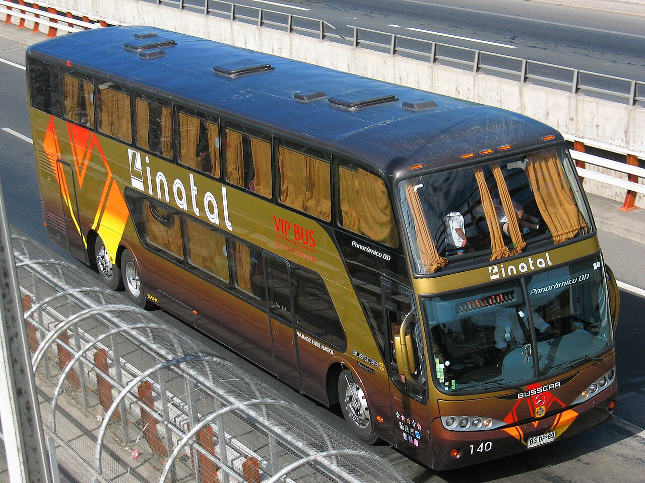 A Busscar Panorâmico DD double-decker coach in South America.