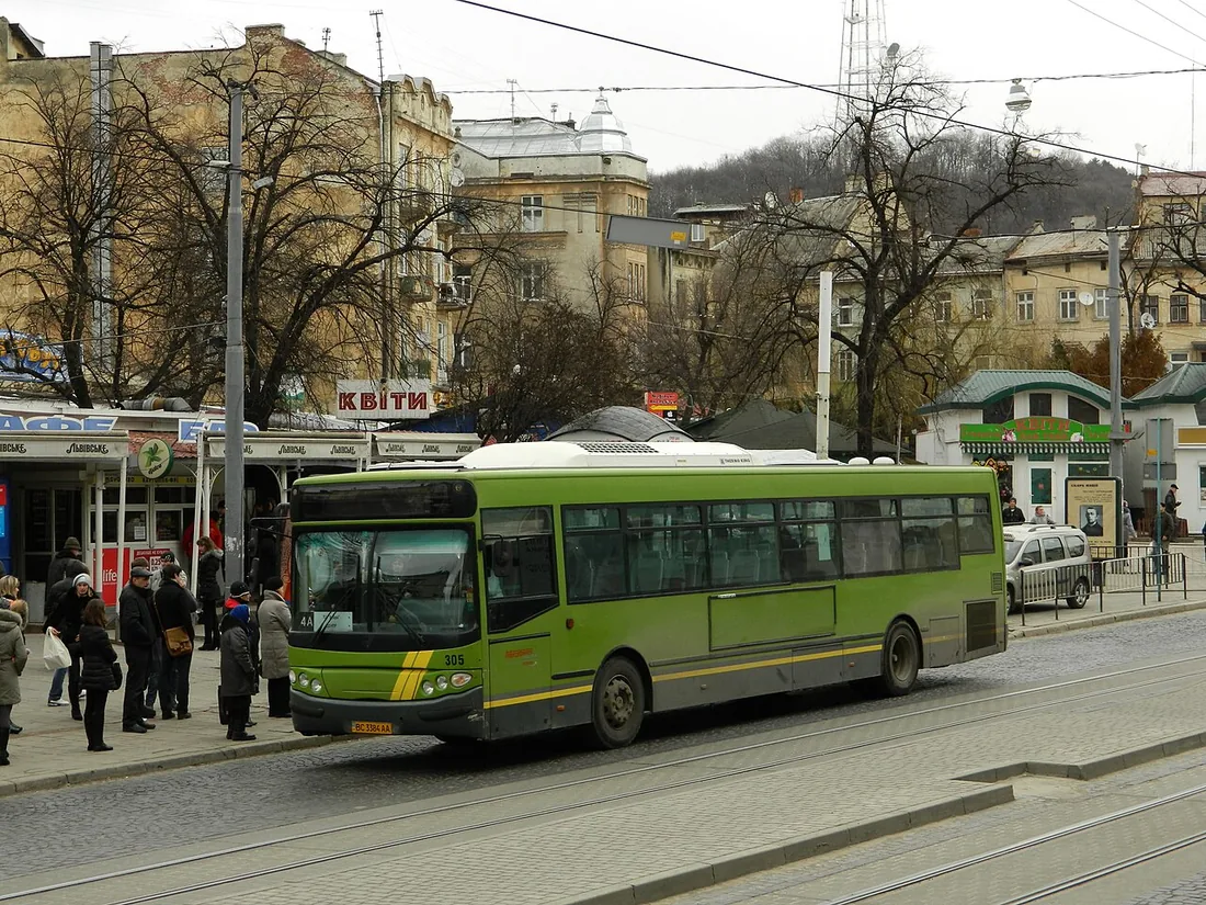 A Castrosua CS40 bus in service in Lviv, Ukraine, originally built in Spain around 1995.