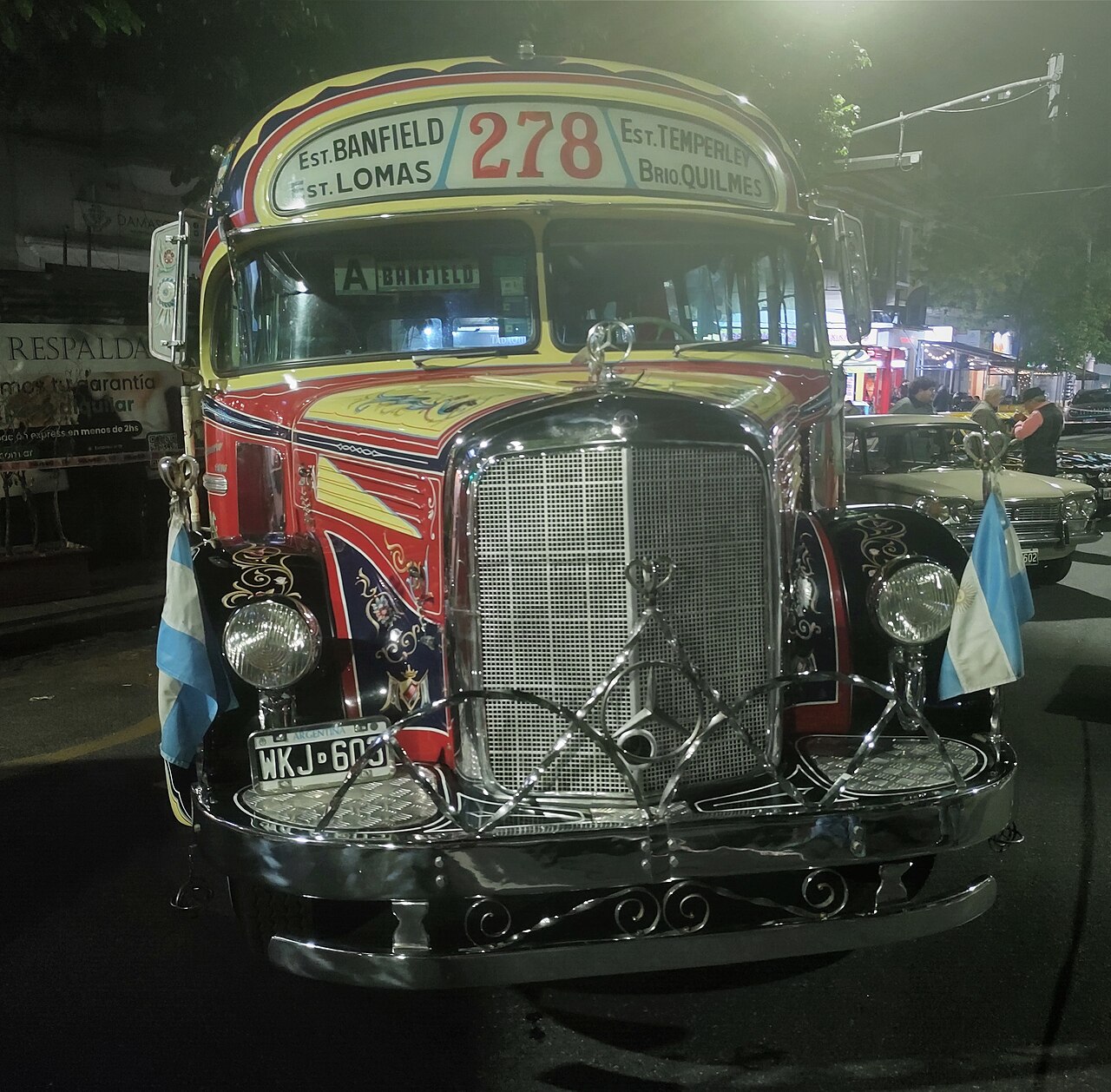A restored 1958 front-engine Mercedes-Benz L312 colectivo of line 278 with a protruding bonnet, body by La Favorita.