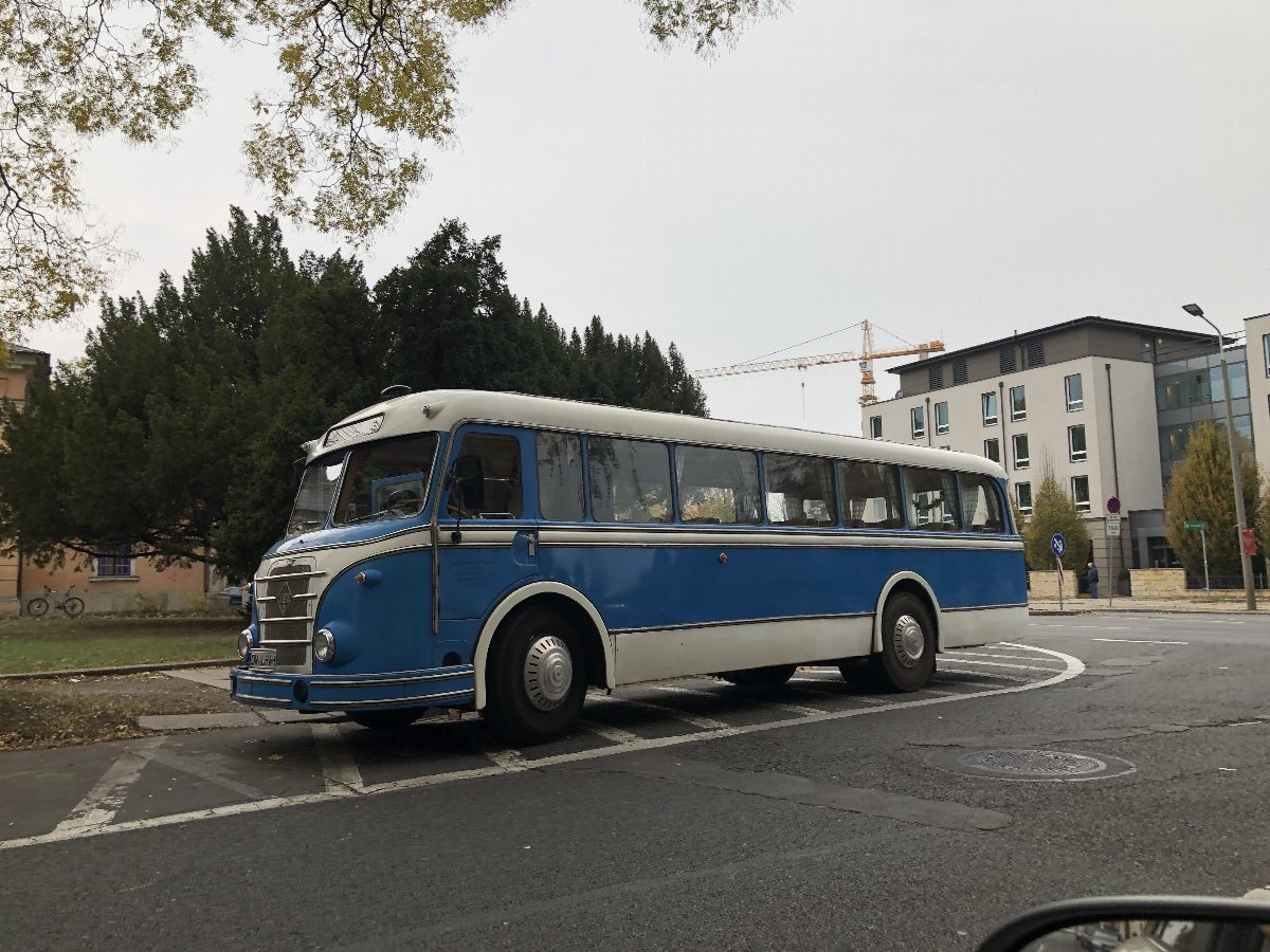 A restored blue East German IFA H6B city bus, the DDR-built bus of the 1950s