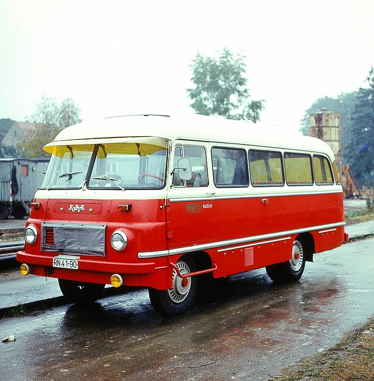 A red East German Robur LO 2501 works bus in Dresden in 1973