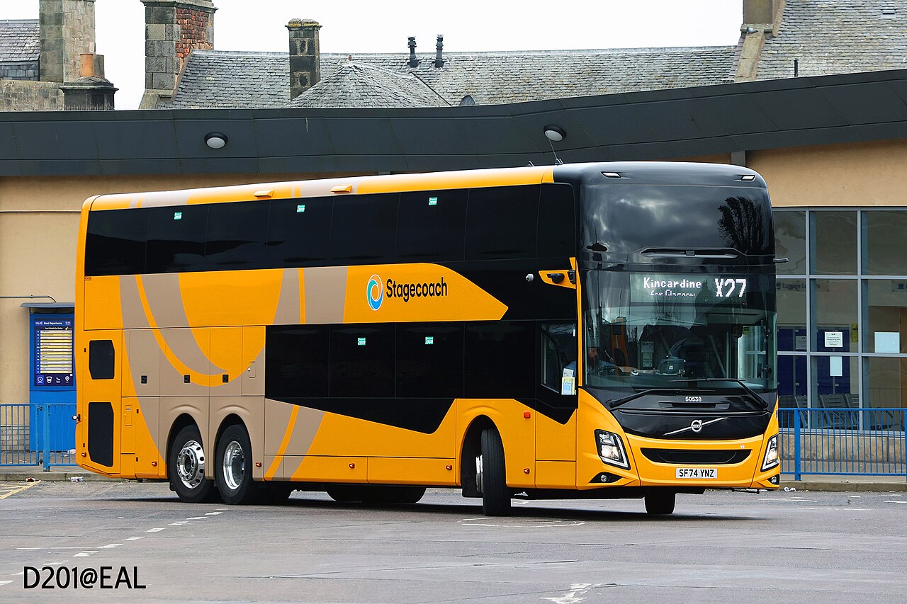 A yellow Stagecoach Volvo 9700 DD double-decker coach, one of the coaches confirmed for the Euro Truck Simulator 2 Coaches DLC.