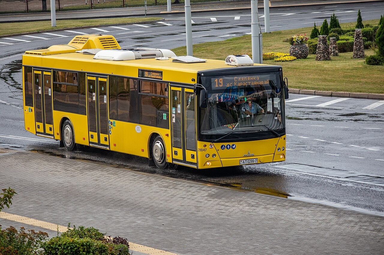 A modern low-floor MAZ-203 city bus in service in Minsk, Belarus.