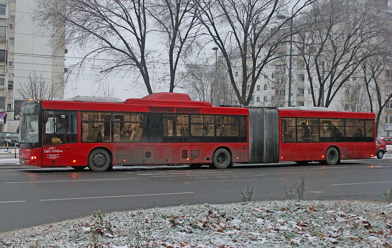 A low-floor articulated MAZ-215 bus