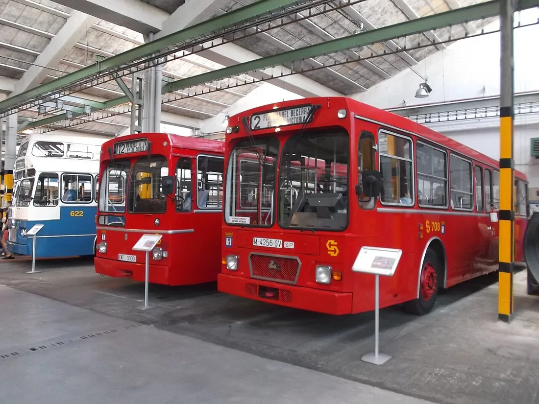 Three preserved standard Pegaso buses — a 6038, a 6050 and a 6035 — lined up at the EMT Madrid museum.
