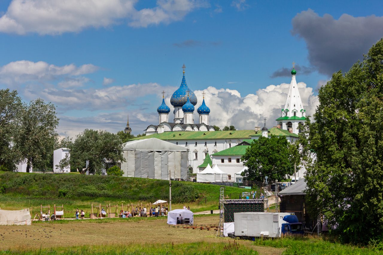 The Suzdal Kremlin with the blue star-spangled domes of the Nativity Cathedral, on Russia's Golden Ring