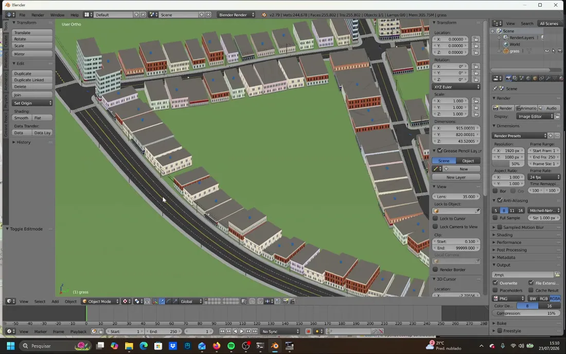 Generated buildings filling only the block face along the drawn road, leaving the interior empty