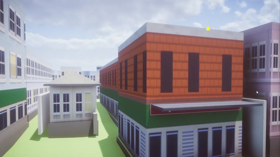 Generated buildings of varying heights along a street in Proton Bus Simulator, matching real-world proportions