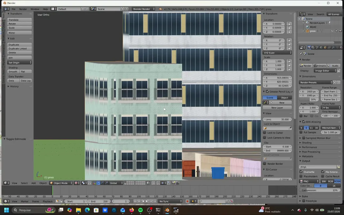 Generated commercial frontages with signs including a pharmacy, an optician and a bakery