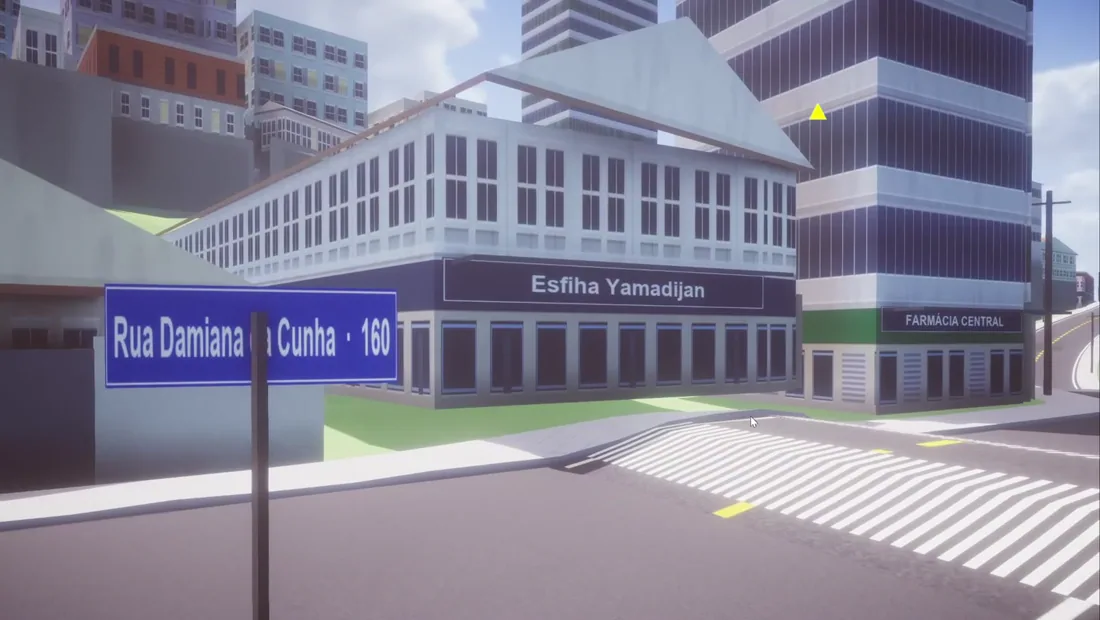 A generated street sign reading Rua Damiana da Cunha 160 beside generated shopfronts in Proton Bus Simulator