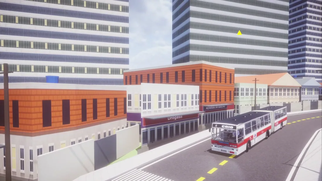 An articulated Caio bus on a generated street in Proton Bus Simulator, passing a generated pharmacy and butcher shopfront