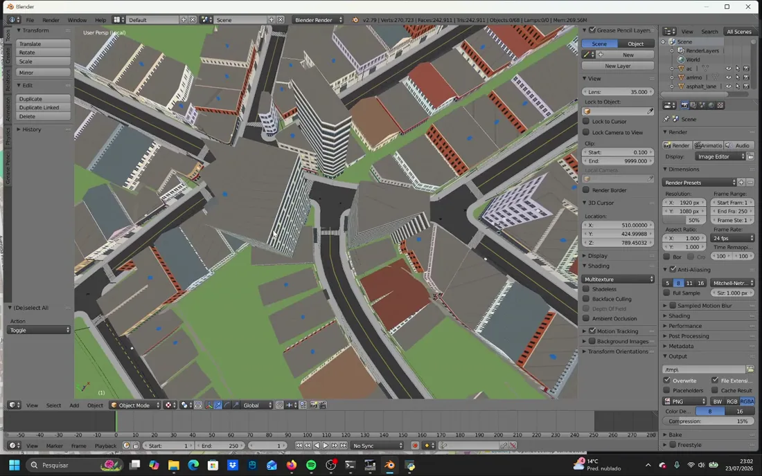 A newly generated city district with roads and buildings, opened in Blender