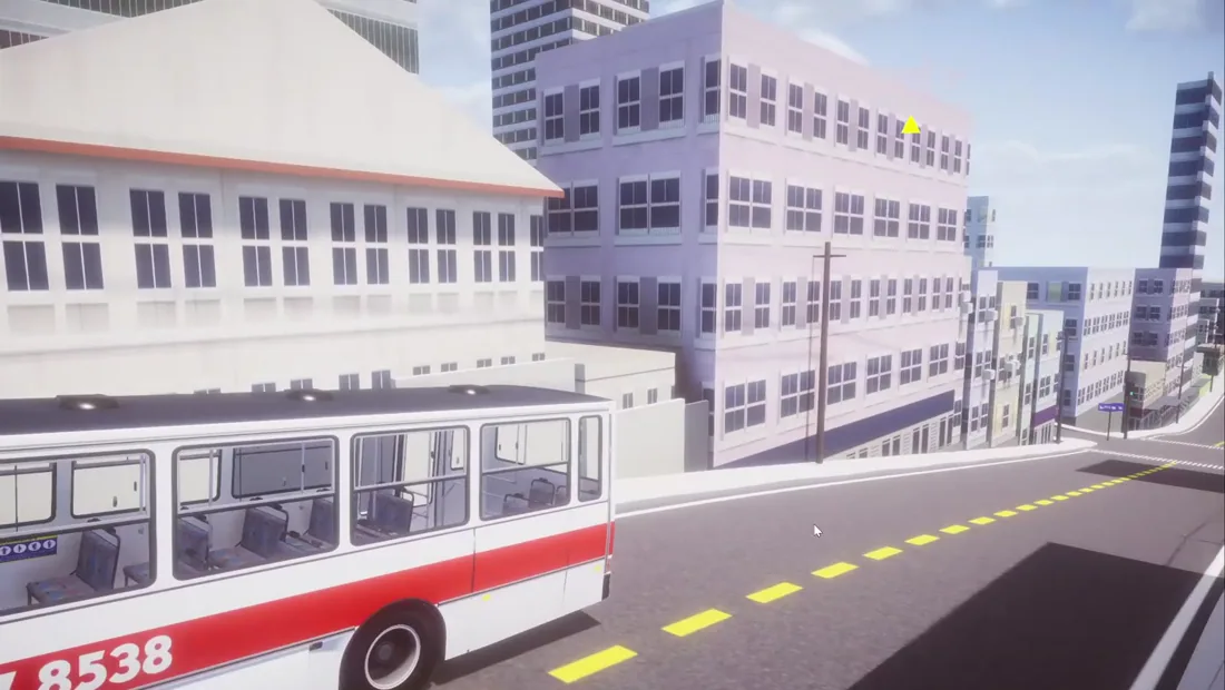 A bus on a generated road that rises and falls with the real terrain elevation
