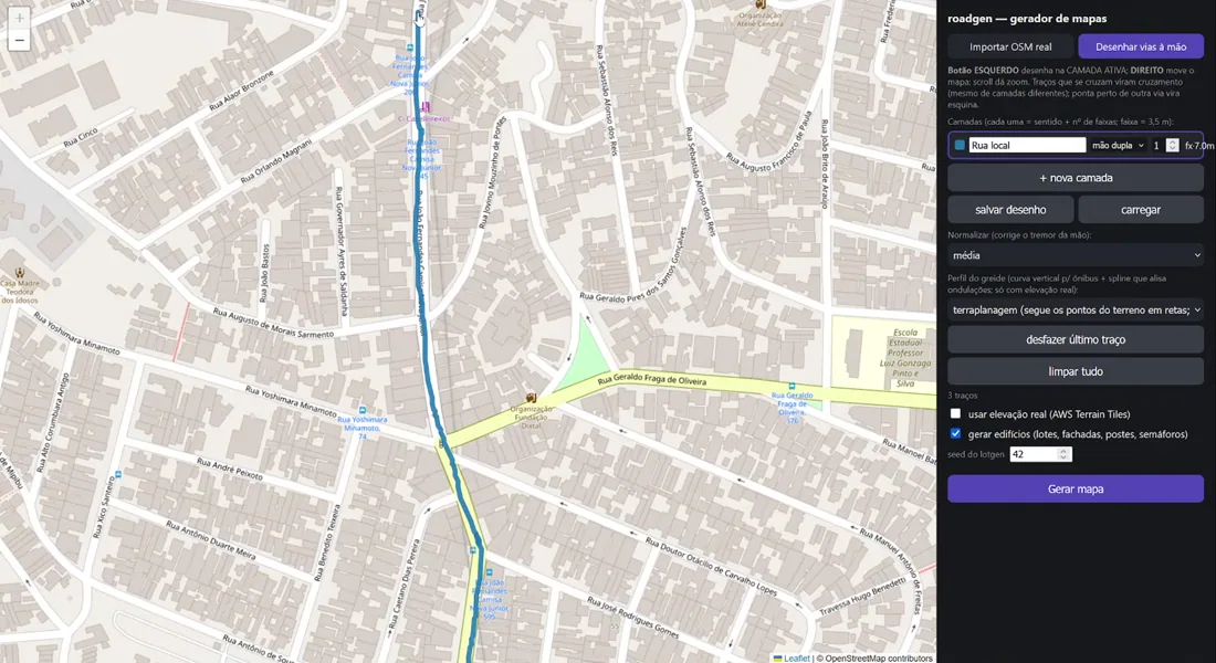 The roadgen editor with a street being drawn over a real map, and the control panel showing layer, normalize and grade profile settings