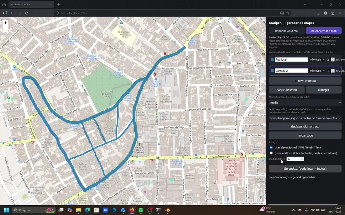 A generated road network following real terrain elevation, viewed in Blender