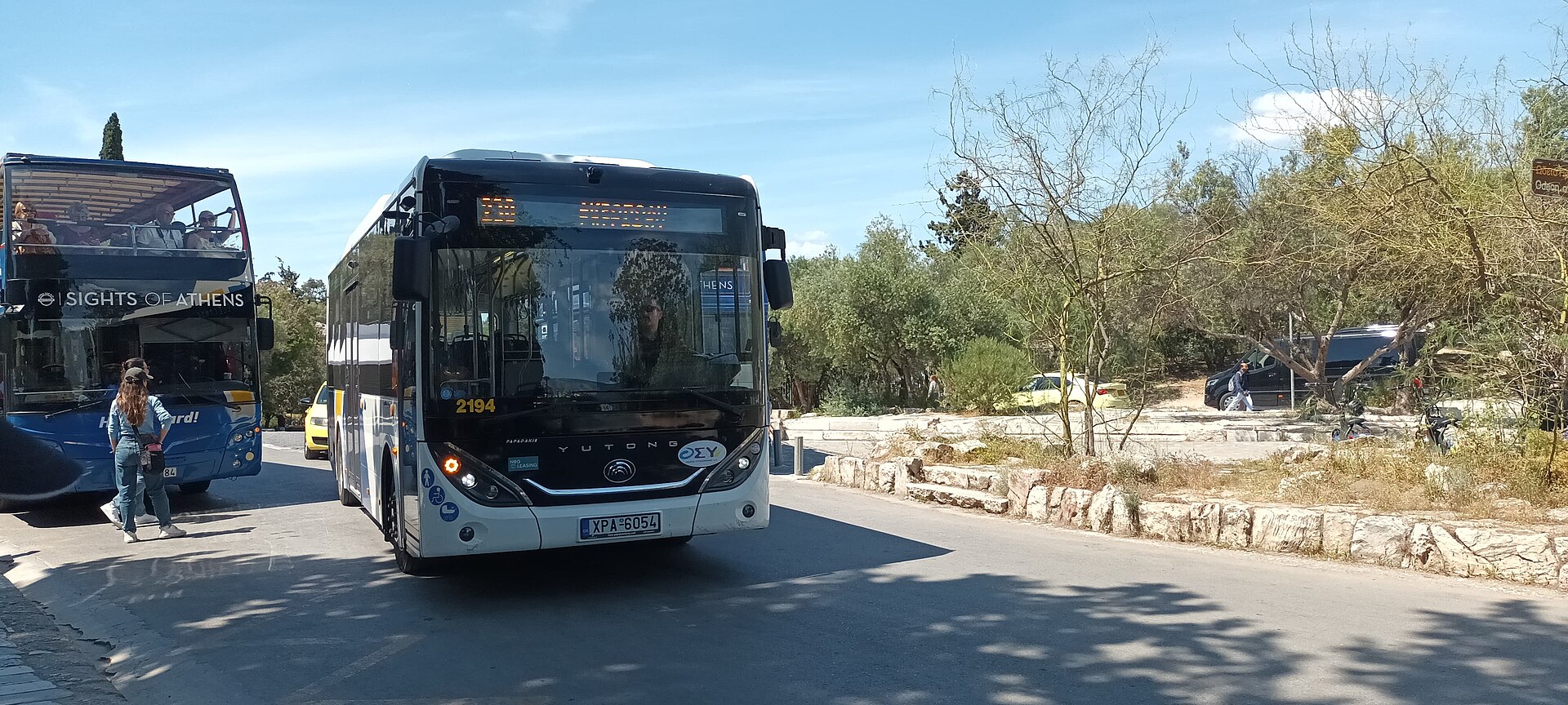 A Yutong E9A electric bus on route 230 near the Acropolis in Athens, Greece.
