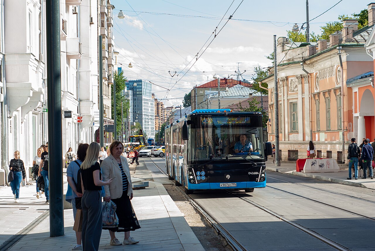 An articulated LiAZ-6213 low-floor city bus in Moscow, Russia.