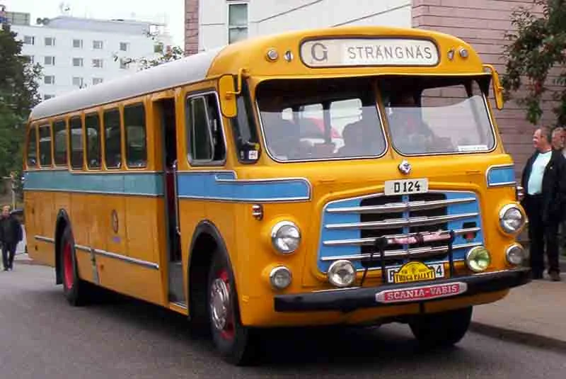A preserved 1949 Scania-Vabis bus in Sweden, showing the early rounded post-war body and the Scania-Vabis badge.