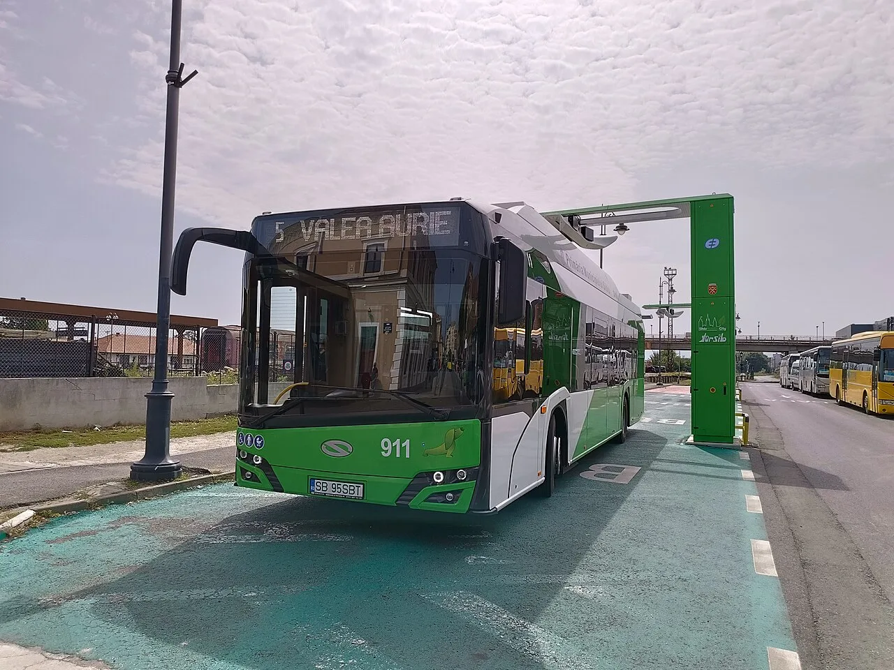 A modern Solaris Urbino 12 electric city bus in service in Sibiu, Romania.