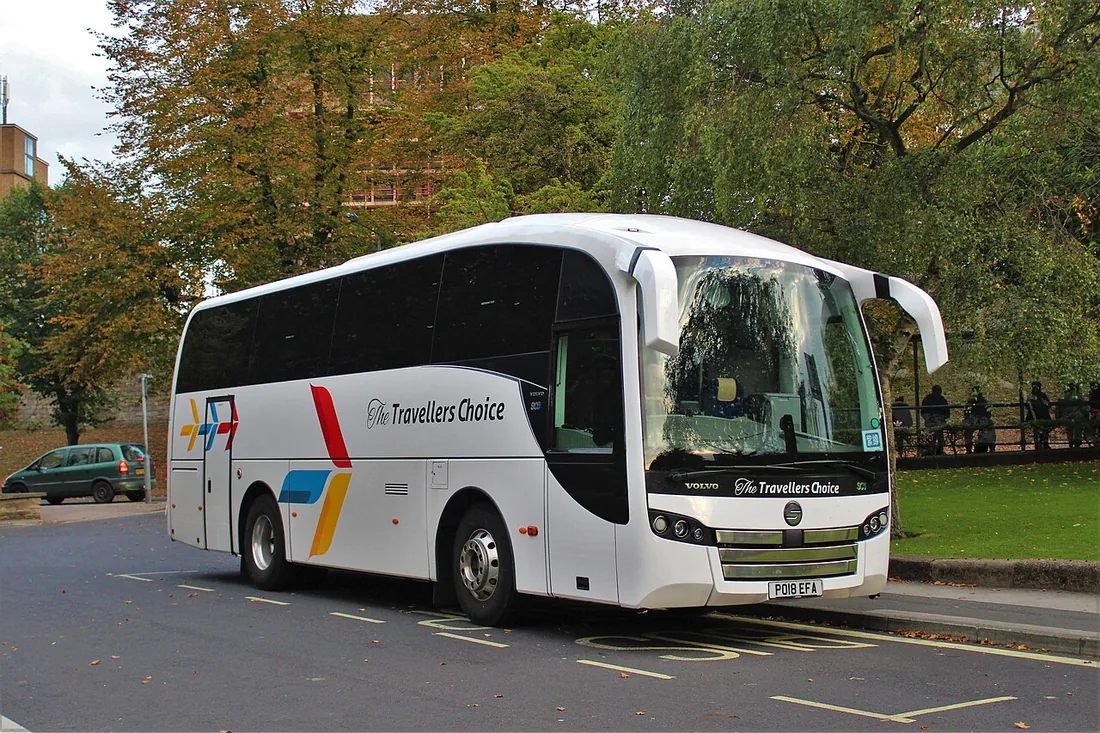 A 2018 Volvo B8R coach with Sunsundegui SC5 bodywork, operated by The Travellers Choice, on Leeman Road in York.