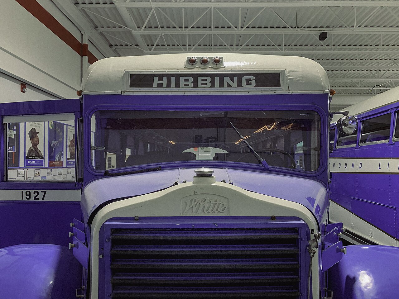 A restored 1927 White Greyhound bus at the Greyhound Bus Museum in Hibbing, Minnesota