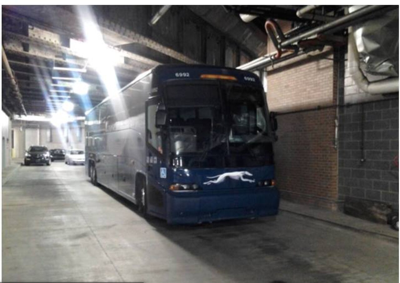A modern grey Greyhound MCI J4500 coach at the Port Authority Bus Terminal in New York City