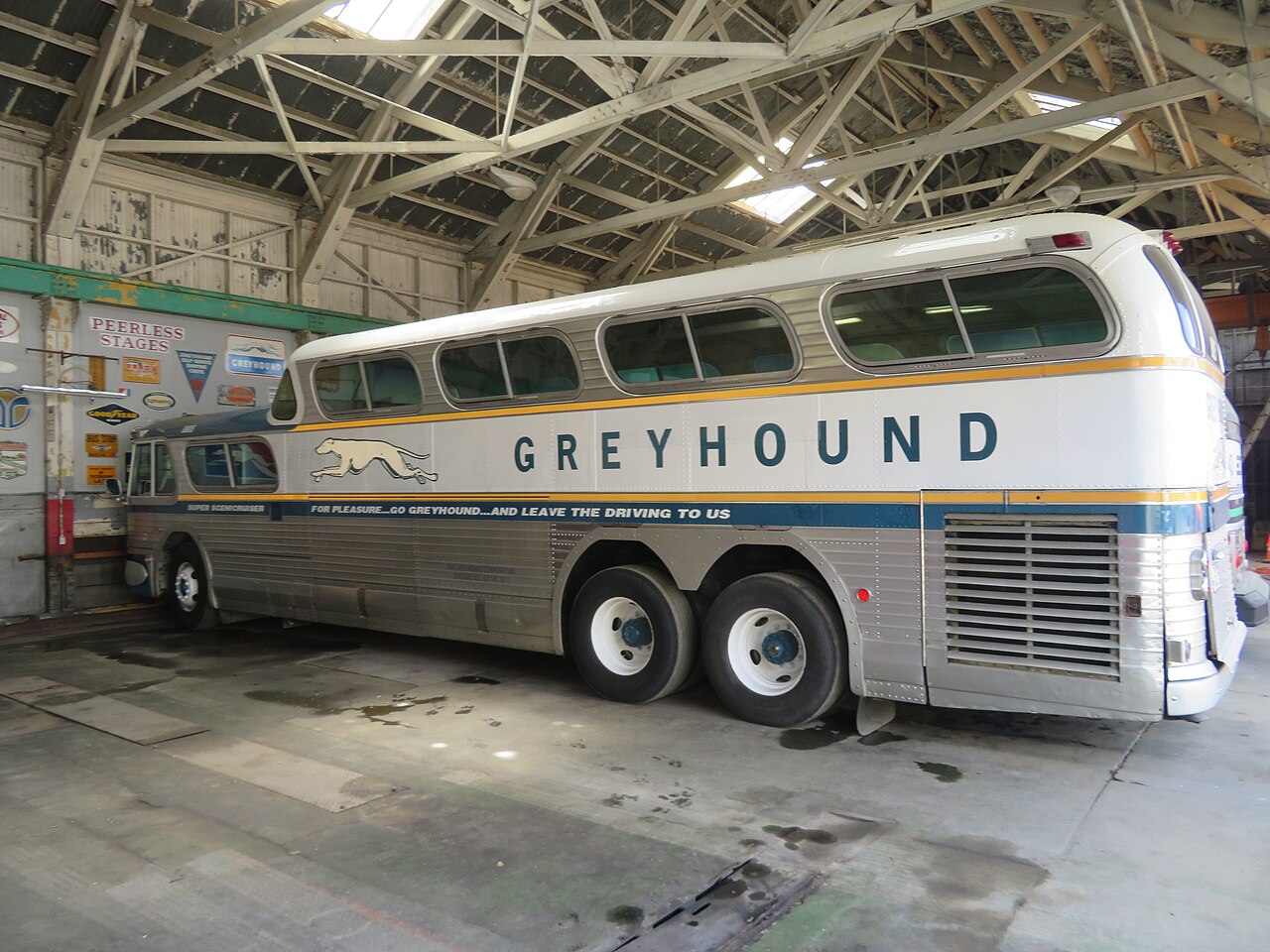 A preserved 1955 Greyhound GM PD-4501 Scenicruiser split-level coach at the Pacific Bus Museum.