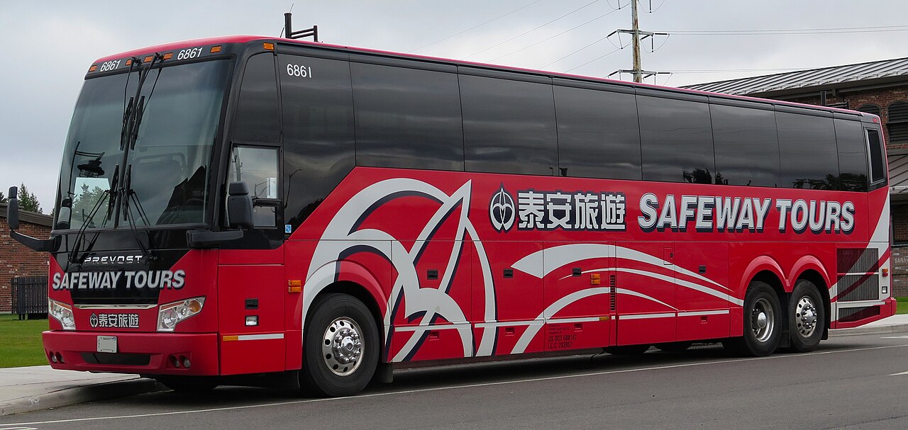 A red 2019 Prevost H3-45 high-deck touring coach, the flagship of the Quebec maker's range.