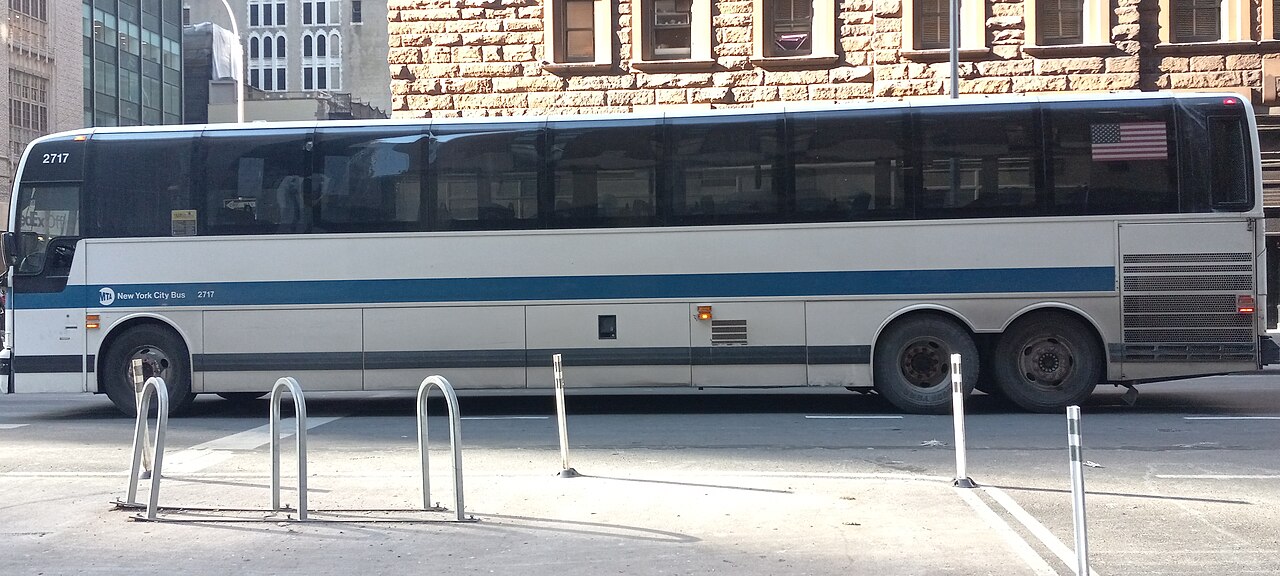 A New York MTA Prevost X3-45 commuter coach in Midtown Manhattan