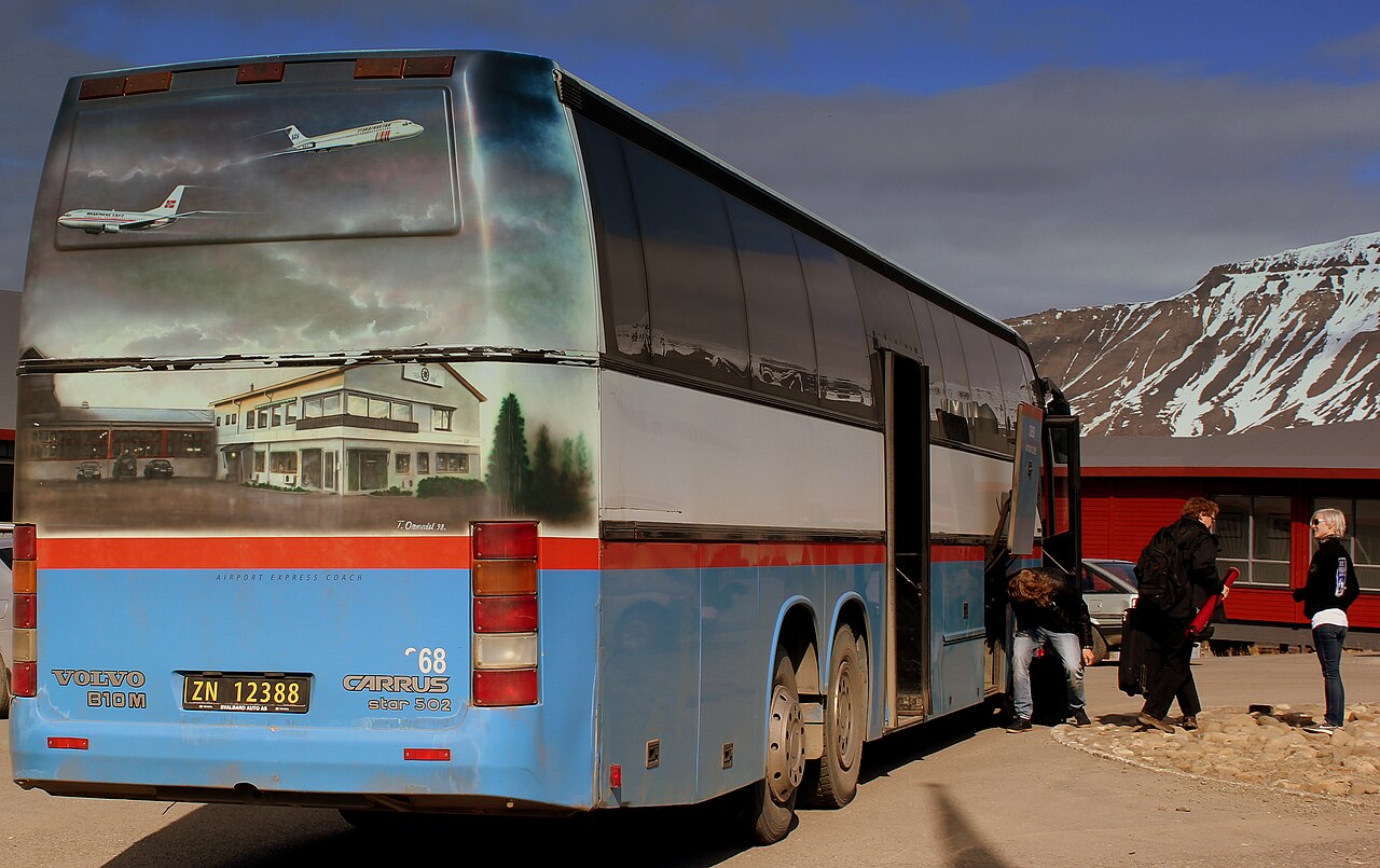 A Volvo B10M Carrus coach parked at Longyearbyen on the Arctic island of Svalbard, Norway