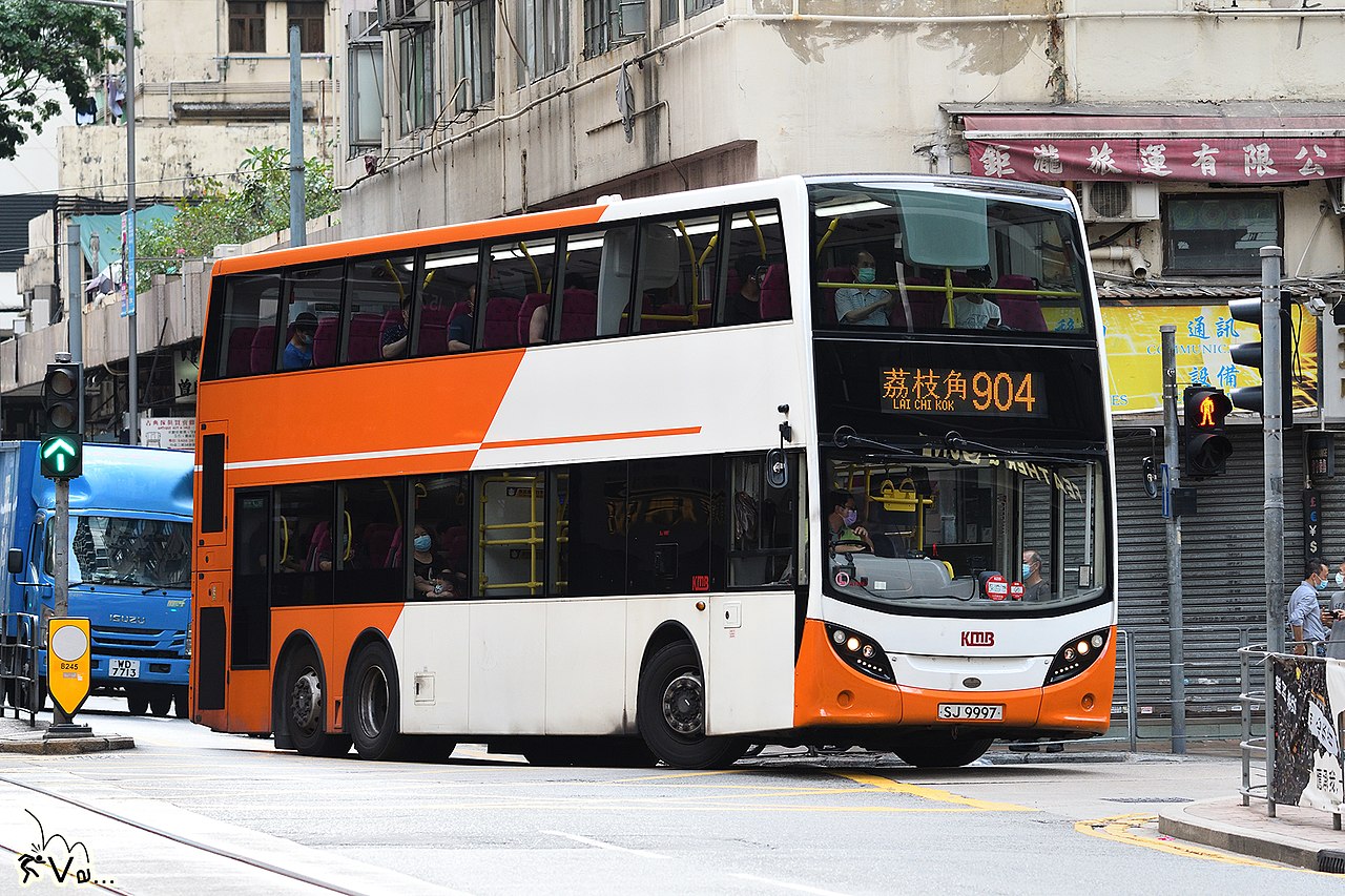 A Kowloon Motor Bus Alexander Dennis Enviro500 MMC three-axle double-decker in Hong Kong