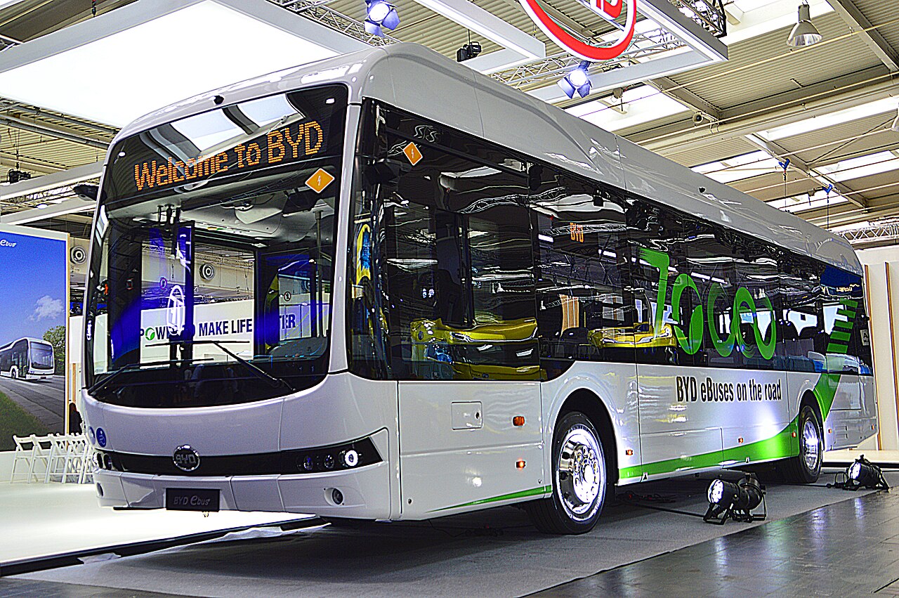 A BYD electric bus marked as the 70,000th delivered worldwide