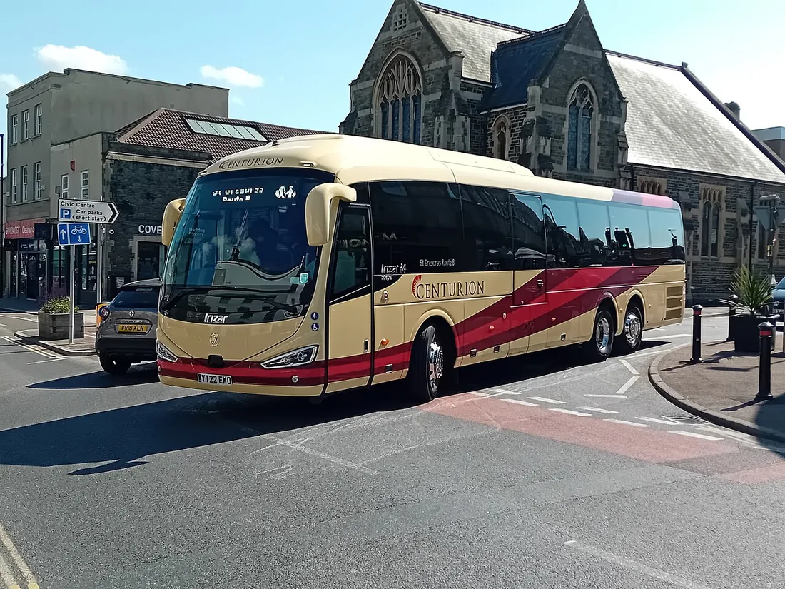 A 2022 Irizar i4 coach body on a DAF chassis, operated by Centurion Travel at Keynsham in England.