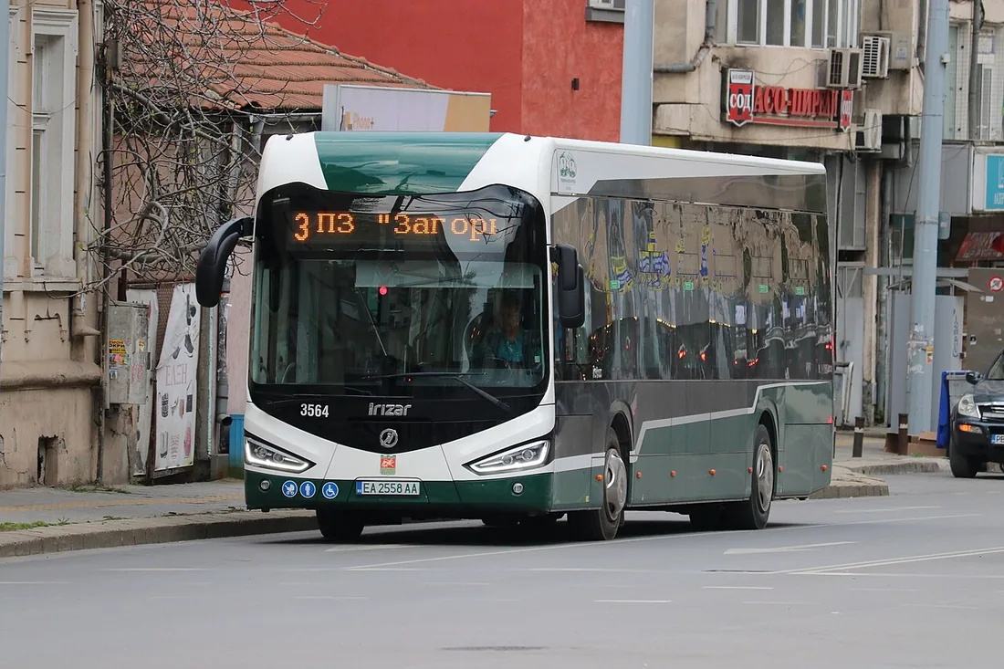An Irizar ie bus 12 battery-electric city bus in service in Stara Zagora, Bulgaria.