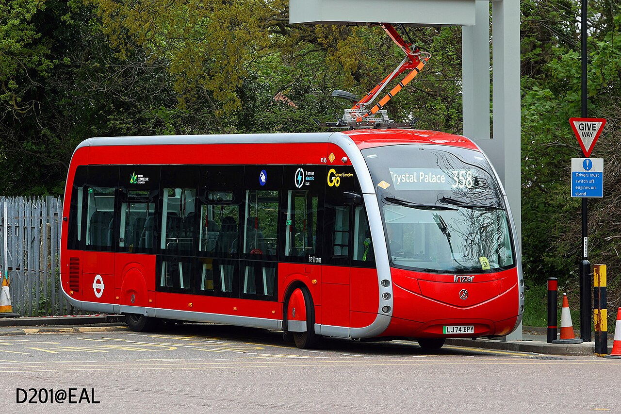 An Irizar ie tram battery-electric city bus, styled to look like a tram.
