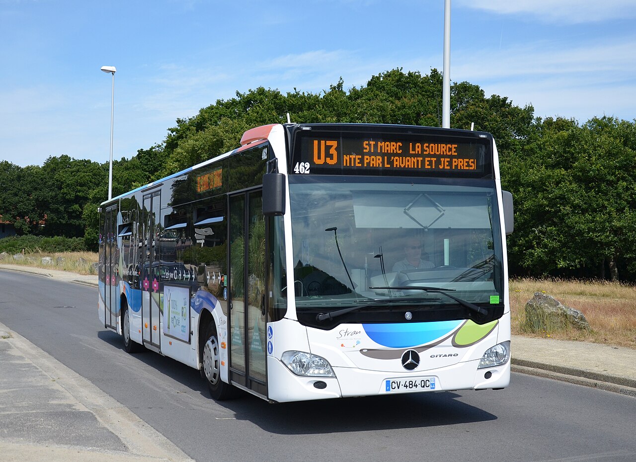 A white Mercedes-Benz Citaro C2 low-floor city bus in service, the modern face of the company's urban range.