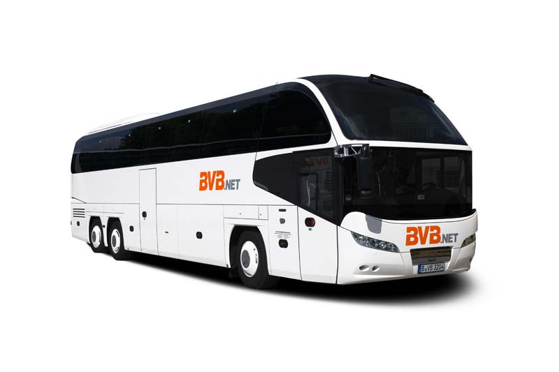 A white Neoplan Cityliner single-deck high-deck touring coach