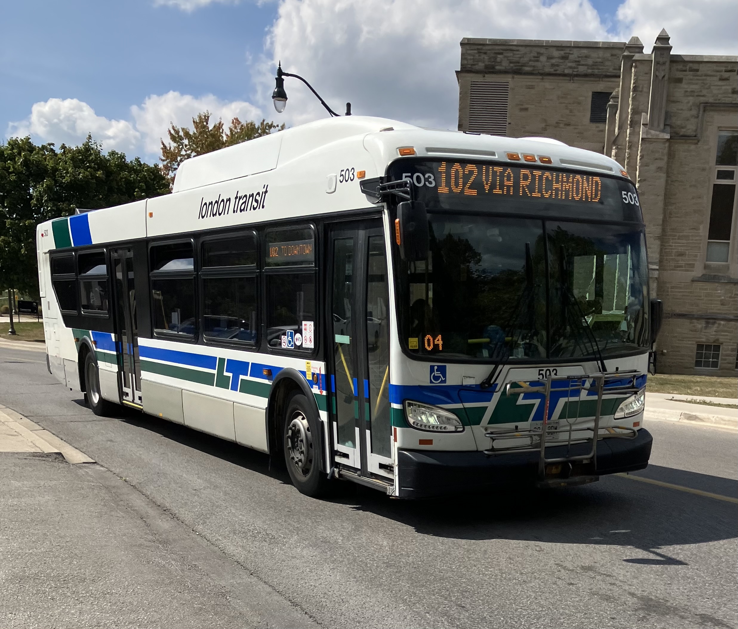 A New Flyer Xcelsior XD40 diesel transit bus in service for the London Transit Commission in Canada.