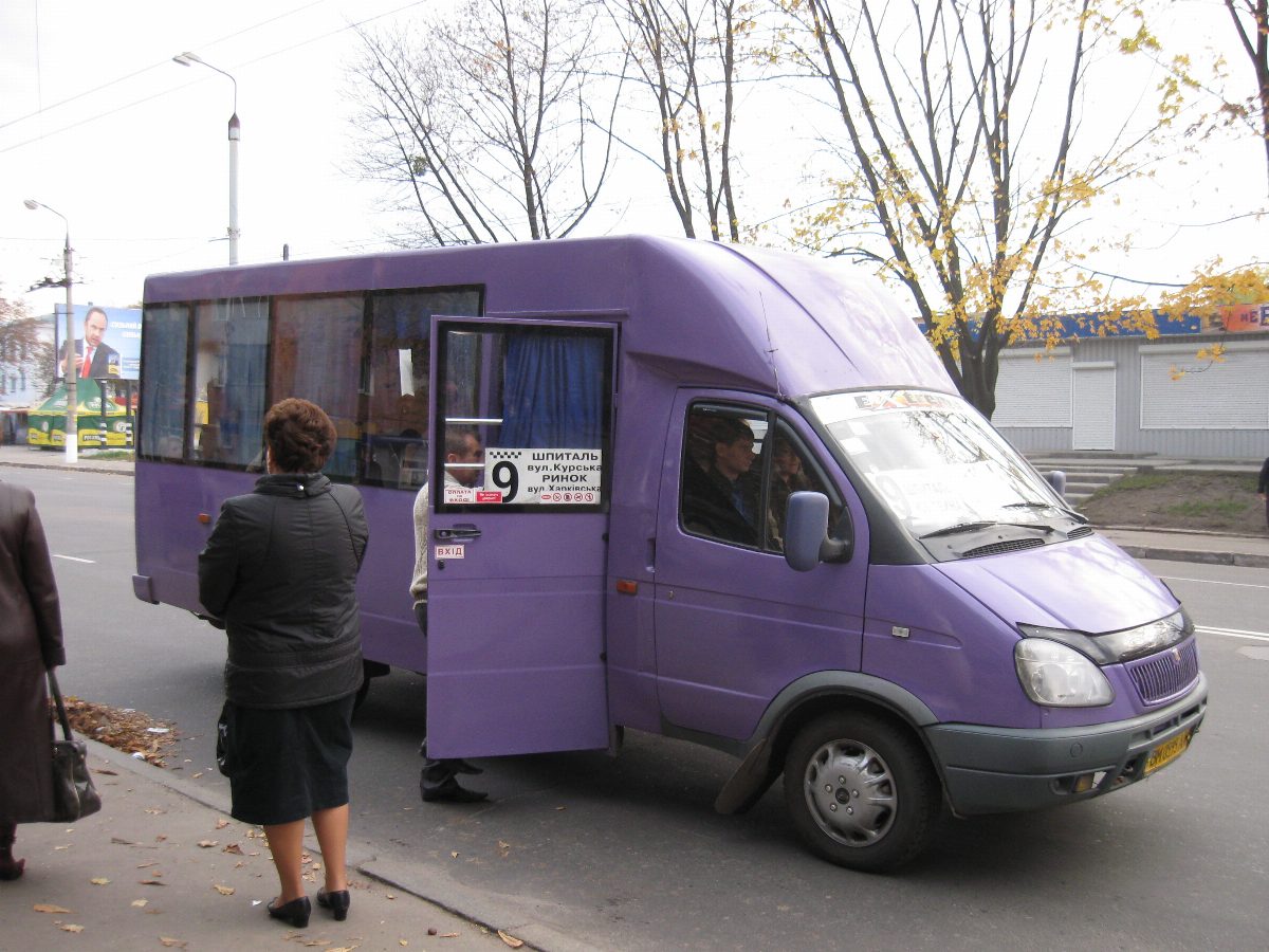 A GAZelle marshrutka shared minibus on a route in Sumy, Ukraine