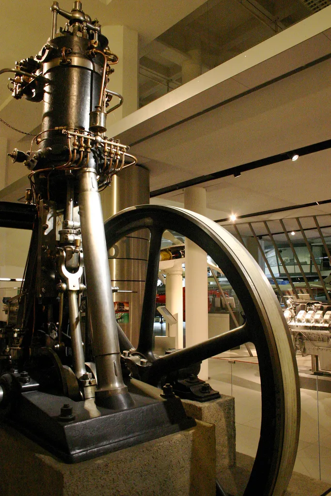 The first working diesel engine, built in 1897, preserved at the Deutsches Museum in Munich.