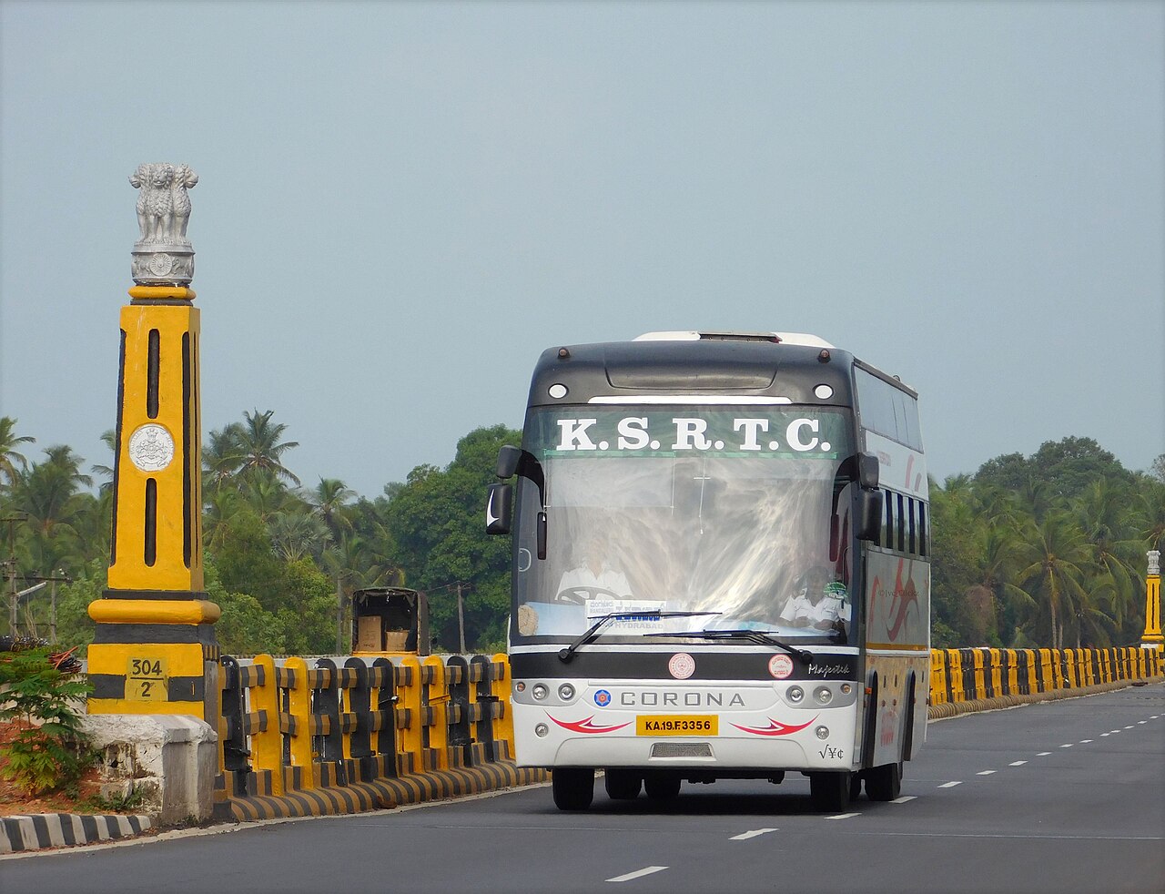 A KSRTC Corona AC Sleeper long-distance bus in India, on the Mangalore–Hyderabad route.
