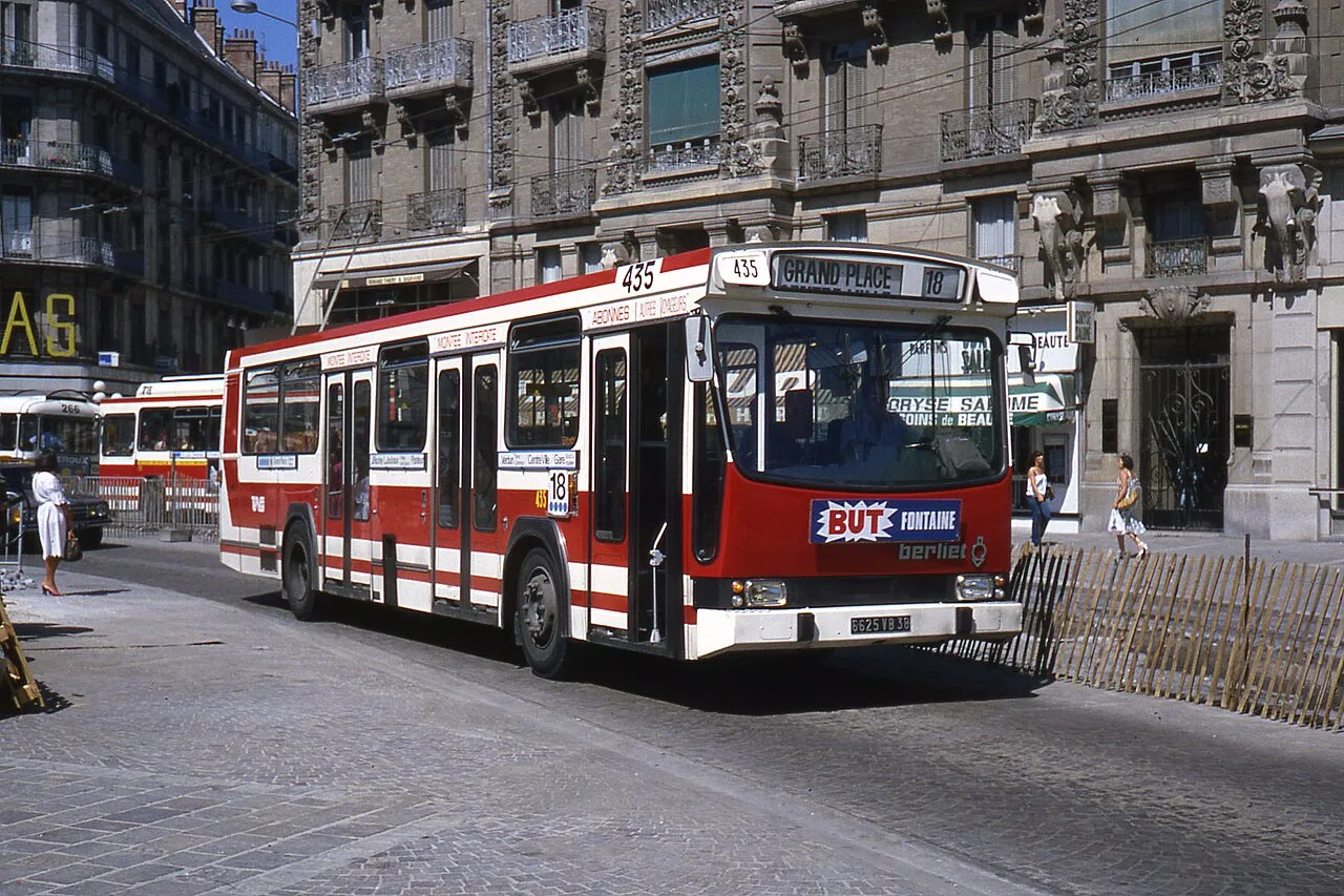 A French Berliet PR100 city bus on a street in Grenoble, France, in 1980.