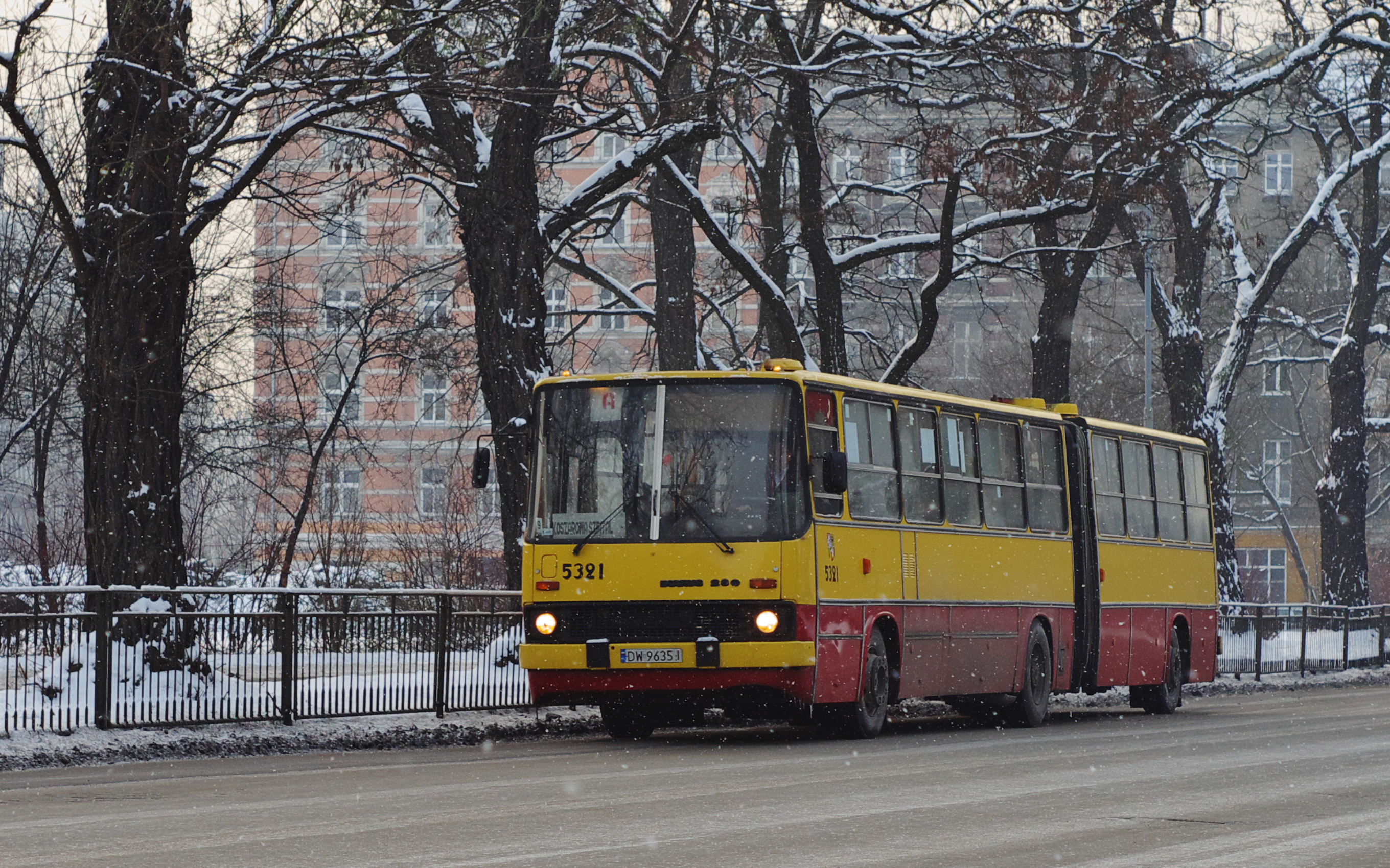 A long Ikarus 280 articulated bus, painted in transit livery, in service on a city street in Wrocław, Poland.