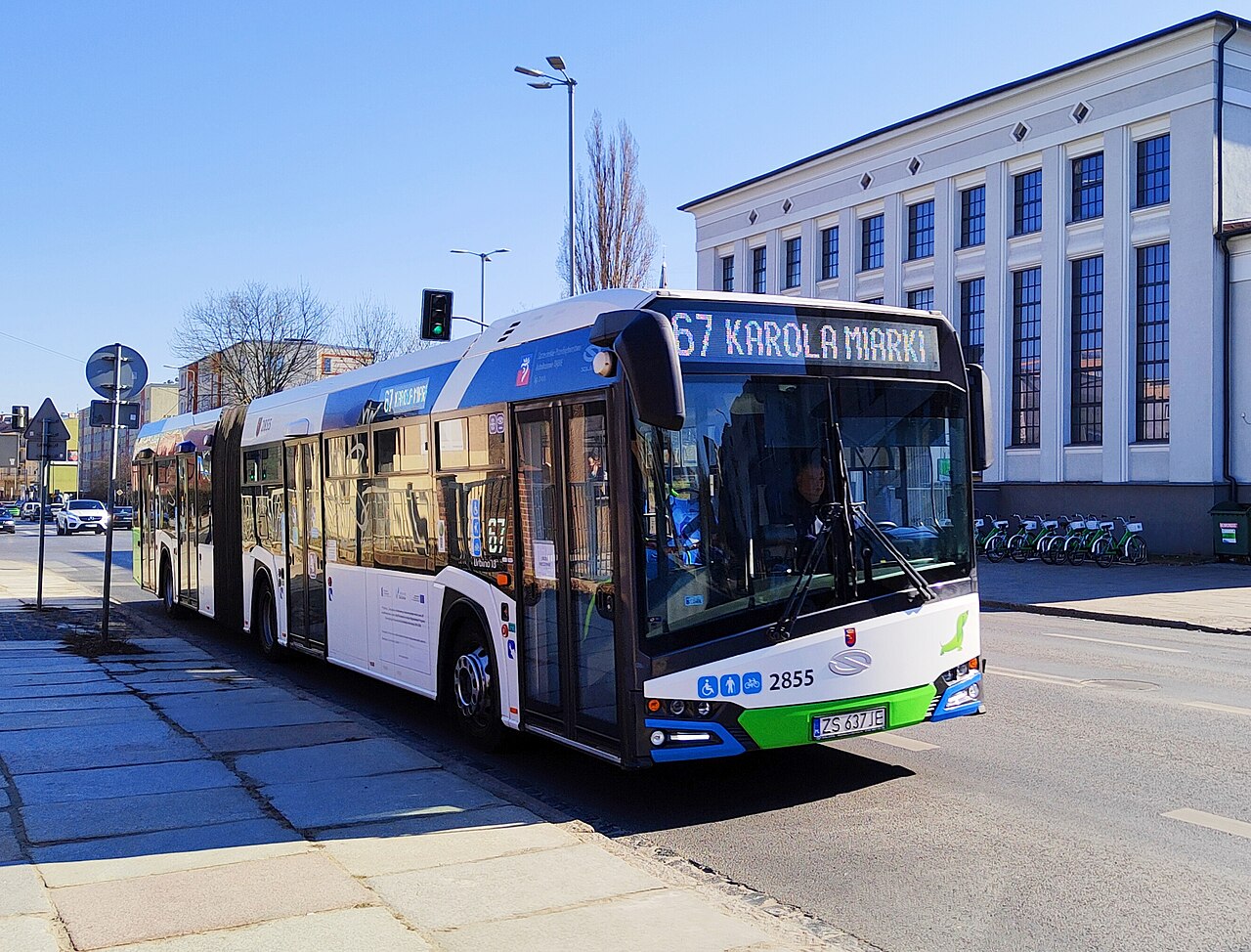 A Solaris Urbino 18 articulated city bus with four doors along its length