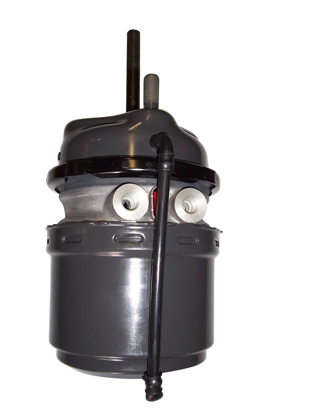 An air-brake chamber with an integrated spring brake unit, the component that clamps the brakes on when air pressure is lost.