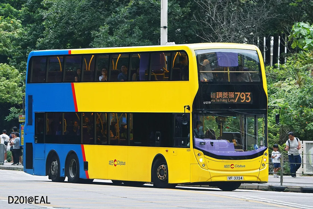 A yellow-and-blue Citybus Alexander Dennis Enviro500 MMC 12.8-metre three-axle double-decker on route 793 in Hong Kong.