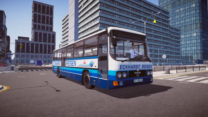 MAN UEL bus in Eckhardt Reisen livery driving through a modern city map in Proton Bus Simulator, front three-quarter view.