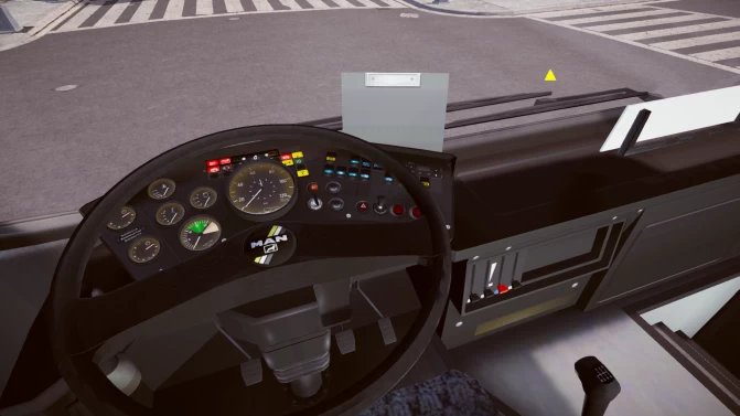 Detailed MAN UEL dashboard and steering wheel interior view in Proton Bus Simulator showing analog gauges and manual gearbox.