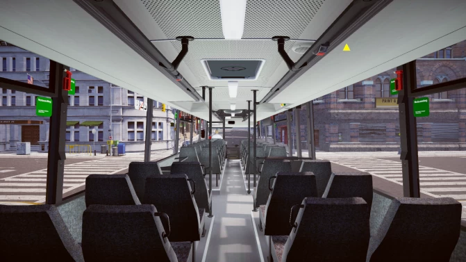 Interior passenger view of MAN UEL bus in Proton Bus Simulator with aisle seating layout and overhead lighting details.