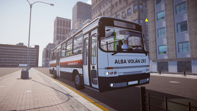 Ikarus Classic C56.42 three quarter front view in city environment showing ALBA VOLÁN ZRT livery in Proton Bus Simulator